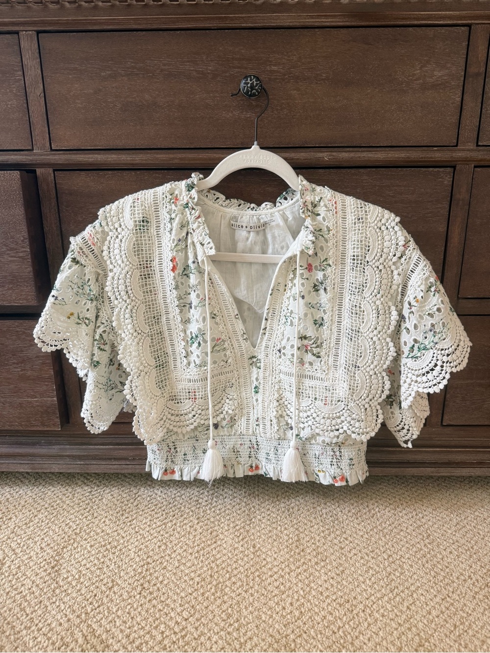 Alice + Olivia Tabitha Eyelet Crochet Floral Tie-Front Semi Crop Blouse
